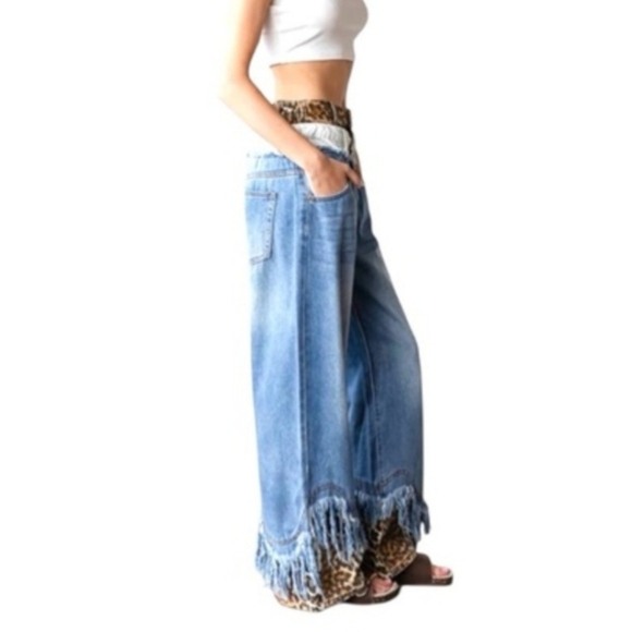Oli & Hali Blue Straight Leg Jeans with Leopard Accents - Picture 2 of 3